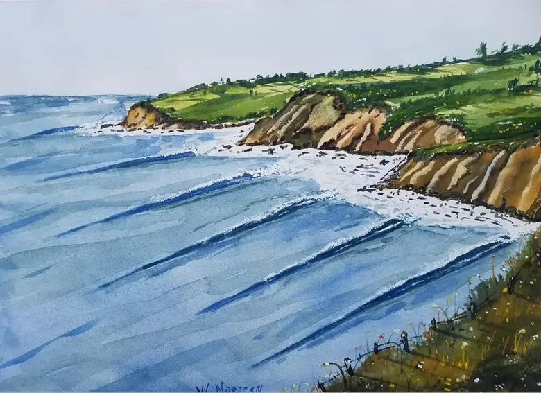 Long Swell Below the Cliffs — watercolor by Wade Norman