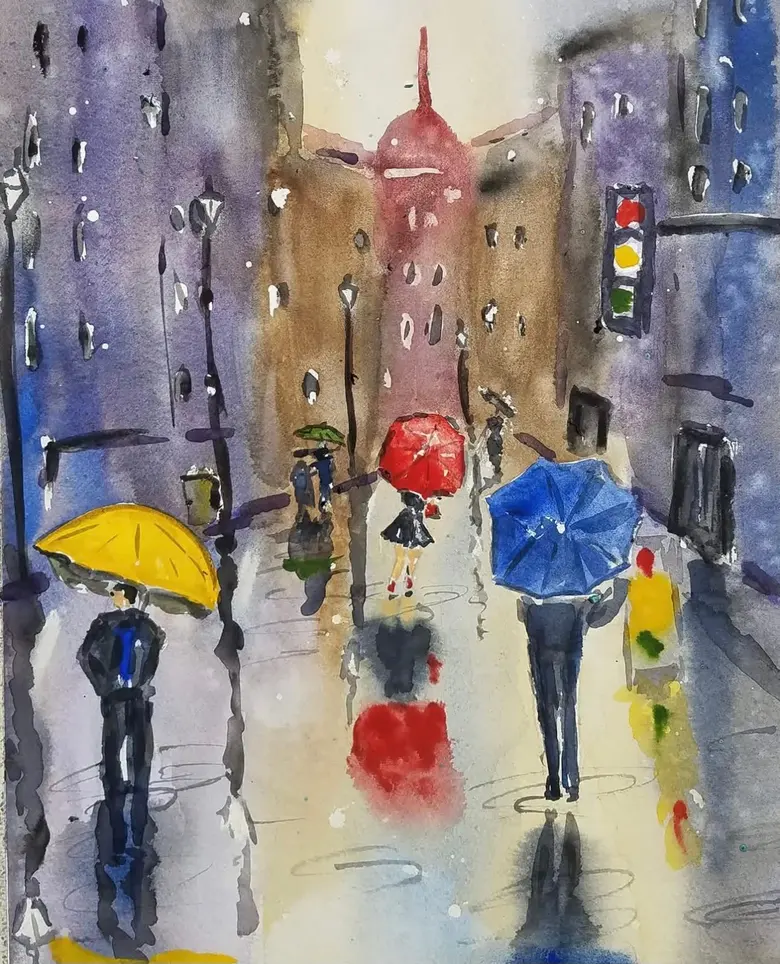 Umbrellas in the Rain — watercolor by Wade Norman
