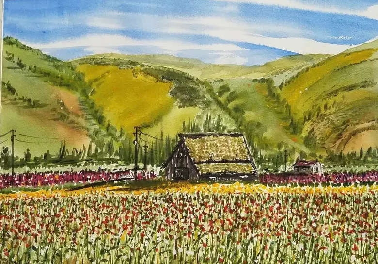 Cabin in the Wildflower Fields — watercolor by Wade Norman