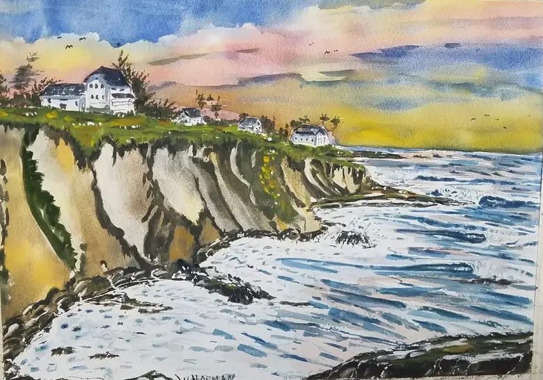 Houses on the Bluff — watercolor by Wade Norman