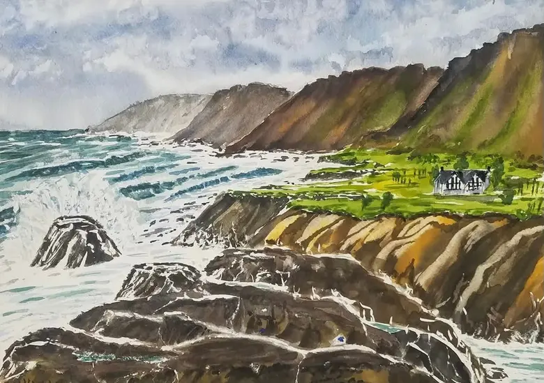 The Rugged Headland — watercolor by Wade Norman