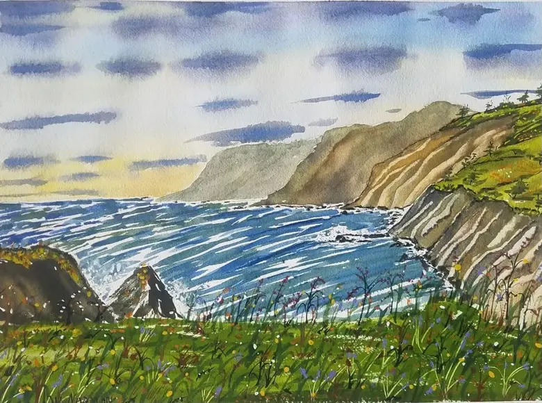 Green Bluff Over the Bay — watercolor by Wade Norman