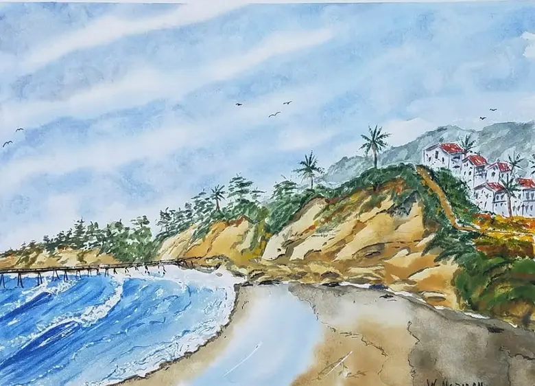 Village Above the Beach — watercolor by Wade Norman