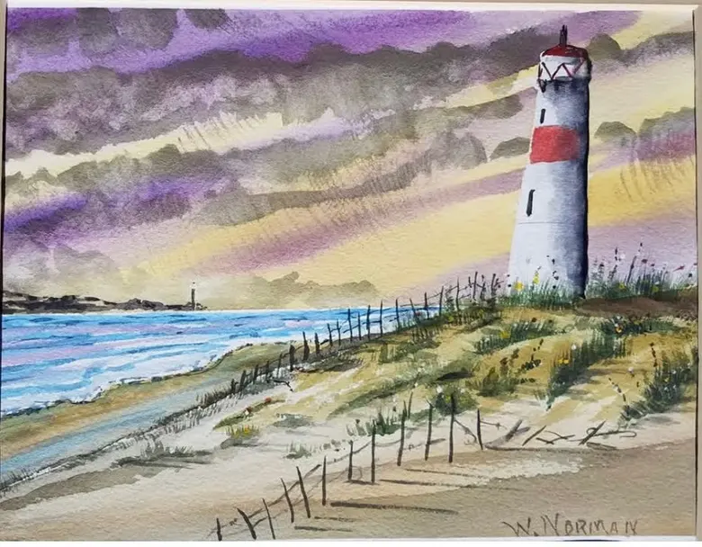 Lighthouse at Dusk — watercolor by Wade Norman