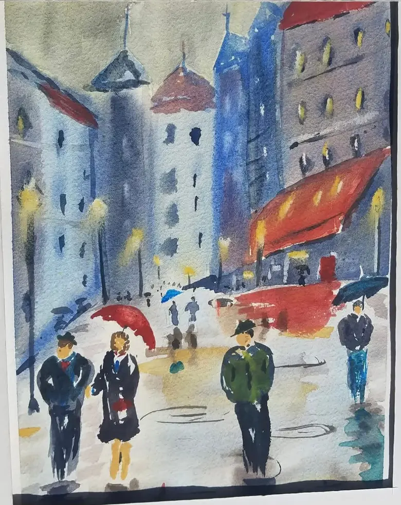 Rainy Evening in the City — watercolor by Wade Norman