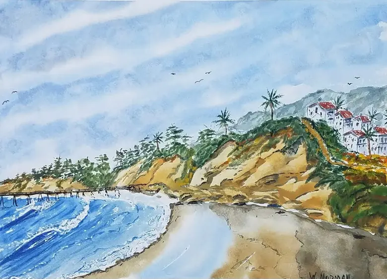 Cove and Village — watercolor by Wade Norman