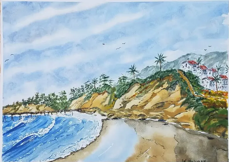 Palms Over the Cove — watercolor by Wade Norman