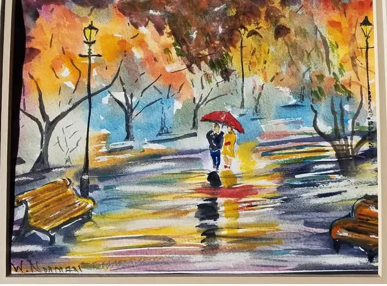 Autumn Rain in the Park — watercolor by Wade Norman