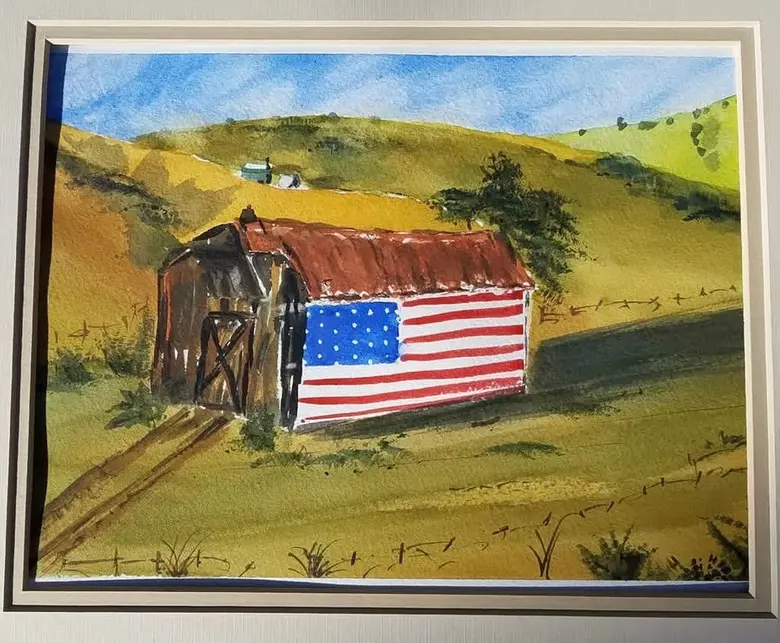 Flag on the Old Barn — watercolor by Wade Norman