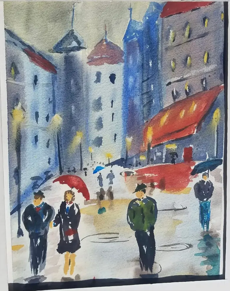 City Street in the Rain — watercolor by Wade Norman