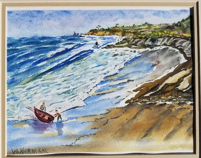 Launching the Dinghy — watercolor by Wade Norman
