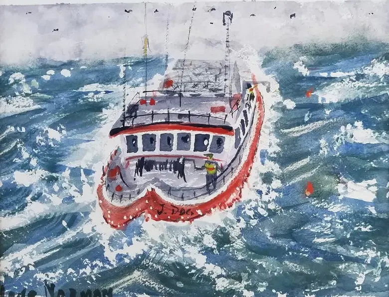 Fishing Boat in Heavy Seas — watercolor by Wade Norman