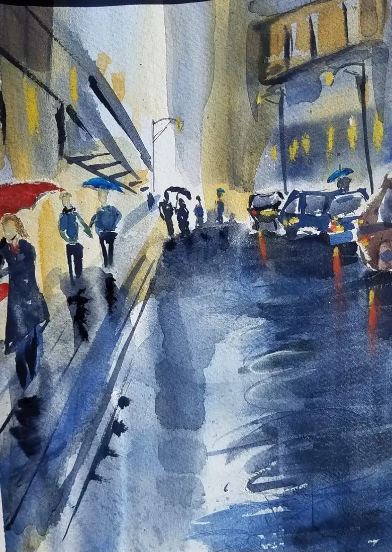 Wet Street, City Lights — watercolor by Wade Norman