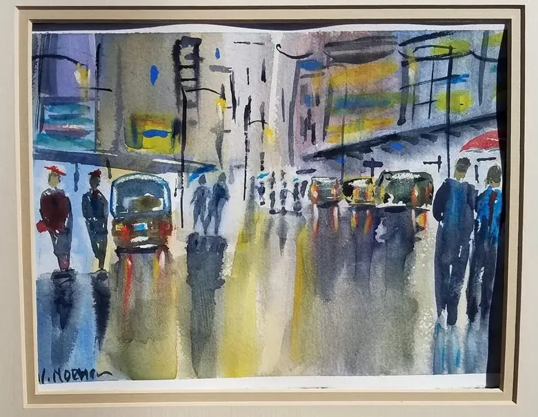 Crossing in the Rain — watercolor by Wade Norman