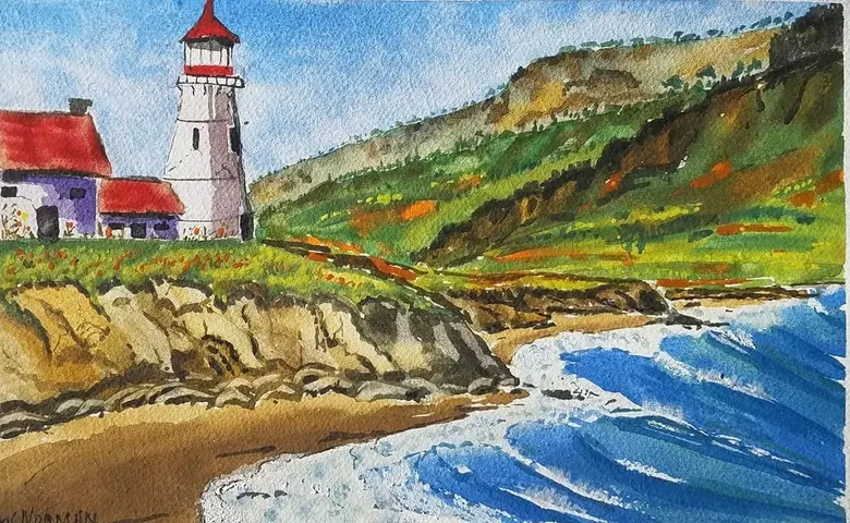 Lighthouse Over the Cove — watercolor by Wade Norman