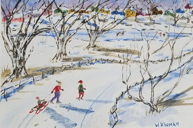 Sledding in the Snow — watercolor by Wade Norman