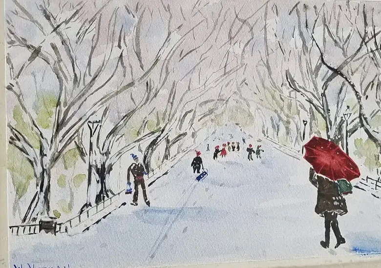 Winter Walk in the Park — watercolor by Wade Norman