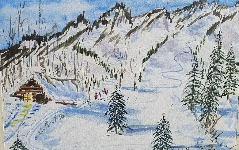 Cabin in the Snow — watercolor by Wade Norman