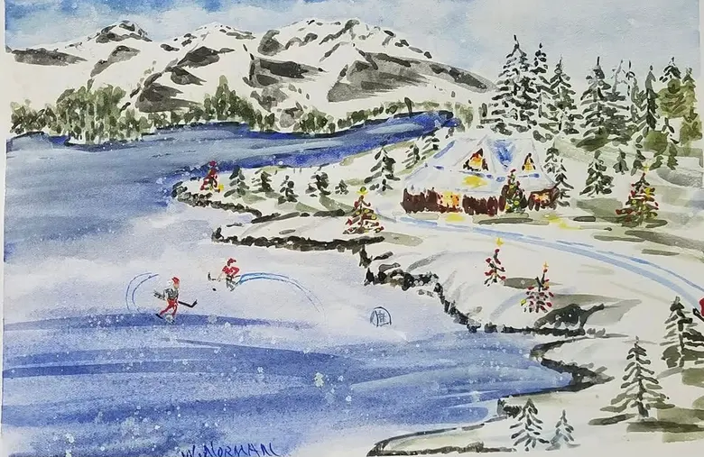Skaters on the Pond — watercolor by Wade Norman