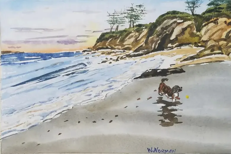 Dog on the Beach — watercolor by Wade Norman
