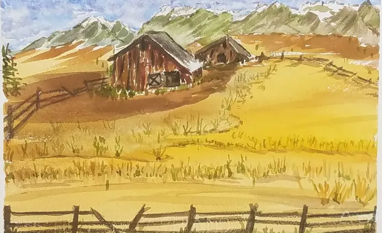 Barn in the Foothills — watercolor by Wade Norman