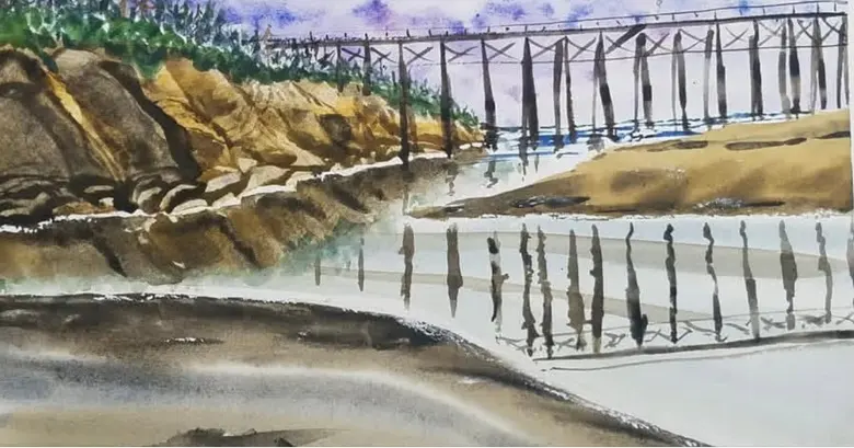 The Long Pier — watercolor by Wade Norman