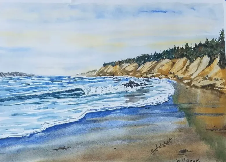 Blue Water Beach — watercolor by Wade Norman