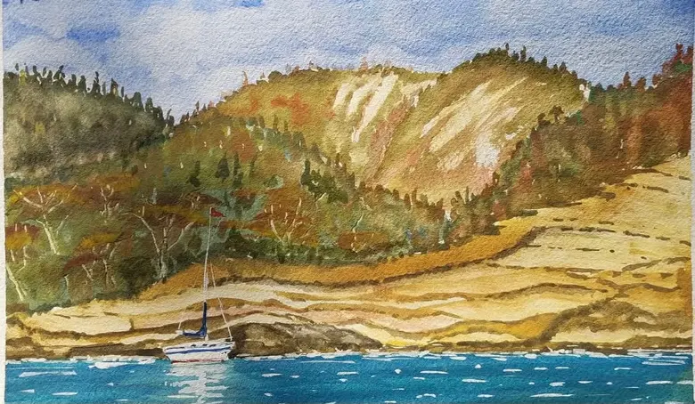 Sailboat in the Cove — watercolor by Wade Norman