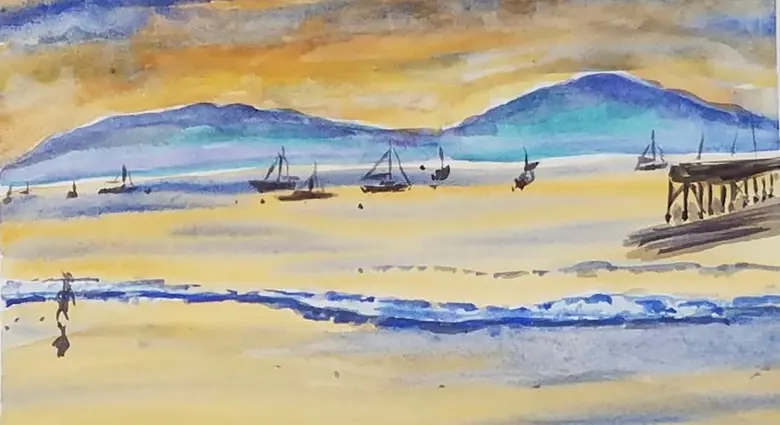 Low Tide, Distant Hills — watercolor by Wade Norman