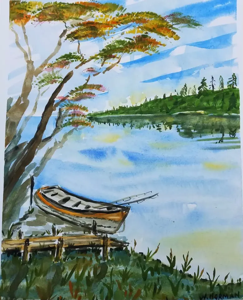 Rowboat at Rest — watercolor by Wade Norman