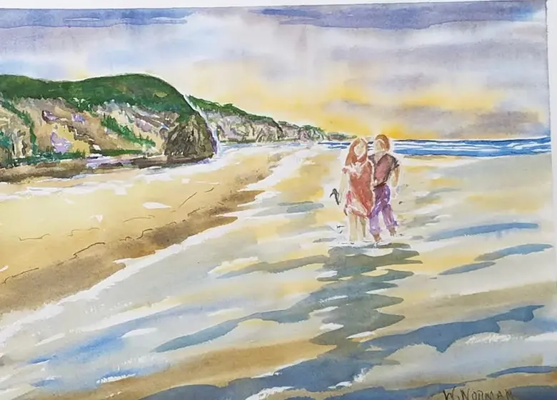 A Walk on the Beach — watercolor by Wade Norman