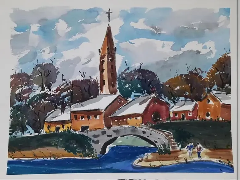 Winter in the Village — watercolor by Wade Norman