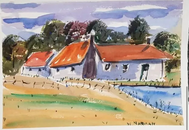 Cottages by the Field — watercolor by Wade Norman