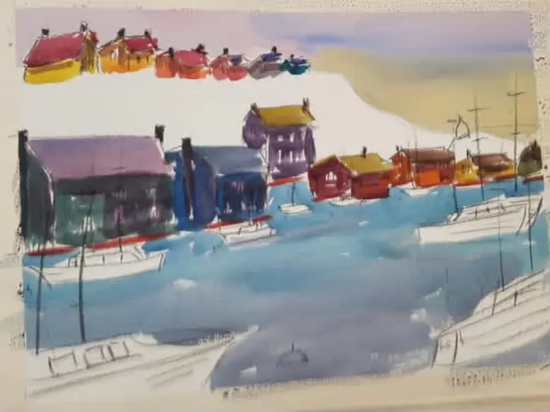 Village on the Water — watercolor by Wade Norman