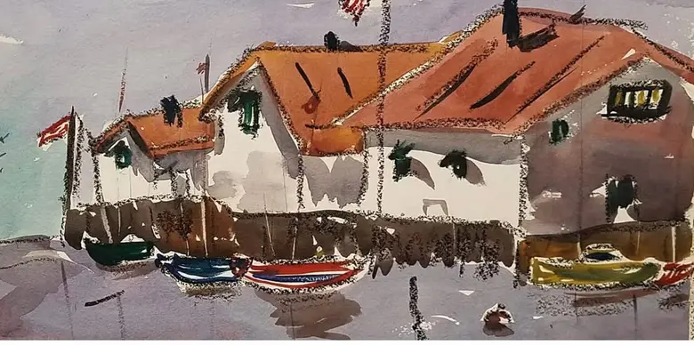 Along the Docks — watercolor by Wade Norman